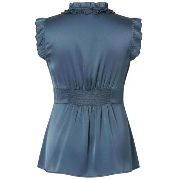 Venus Size 14 Blue Gray Metallic Ruffle Collar Short Cap Sleeve Top - Picture 2 of 10